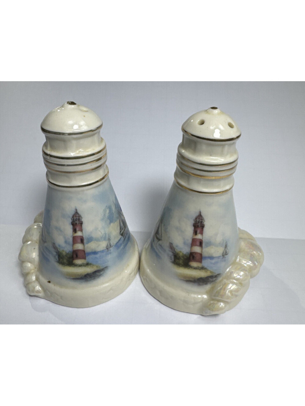 Giftco Lighthouse Shaped Ceramic Salt & Pepper Shaker Set Sailboat Nautical